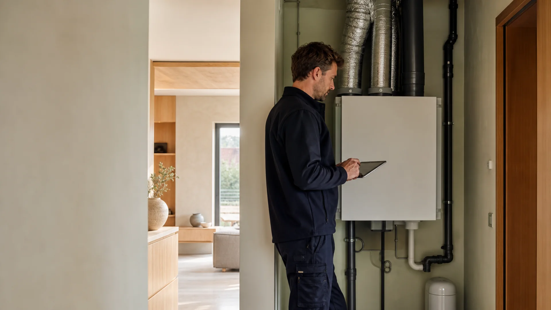 Ventilatiespecialist controleert een balansventilatie-unit in een Vlaamse woning