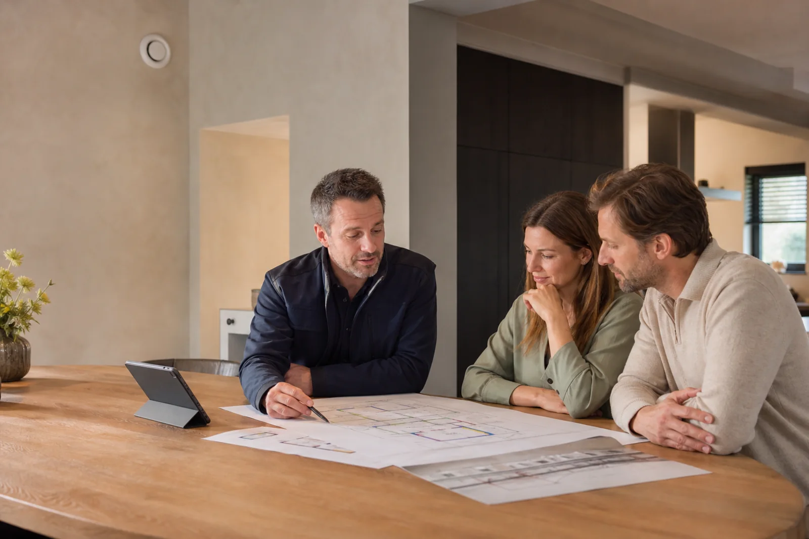 Huiseigenaars bespreken het ventilatieplan met een installateur