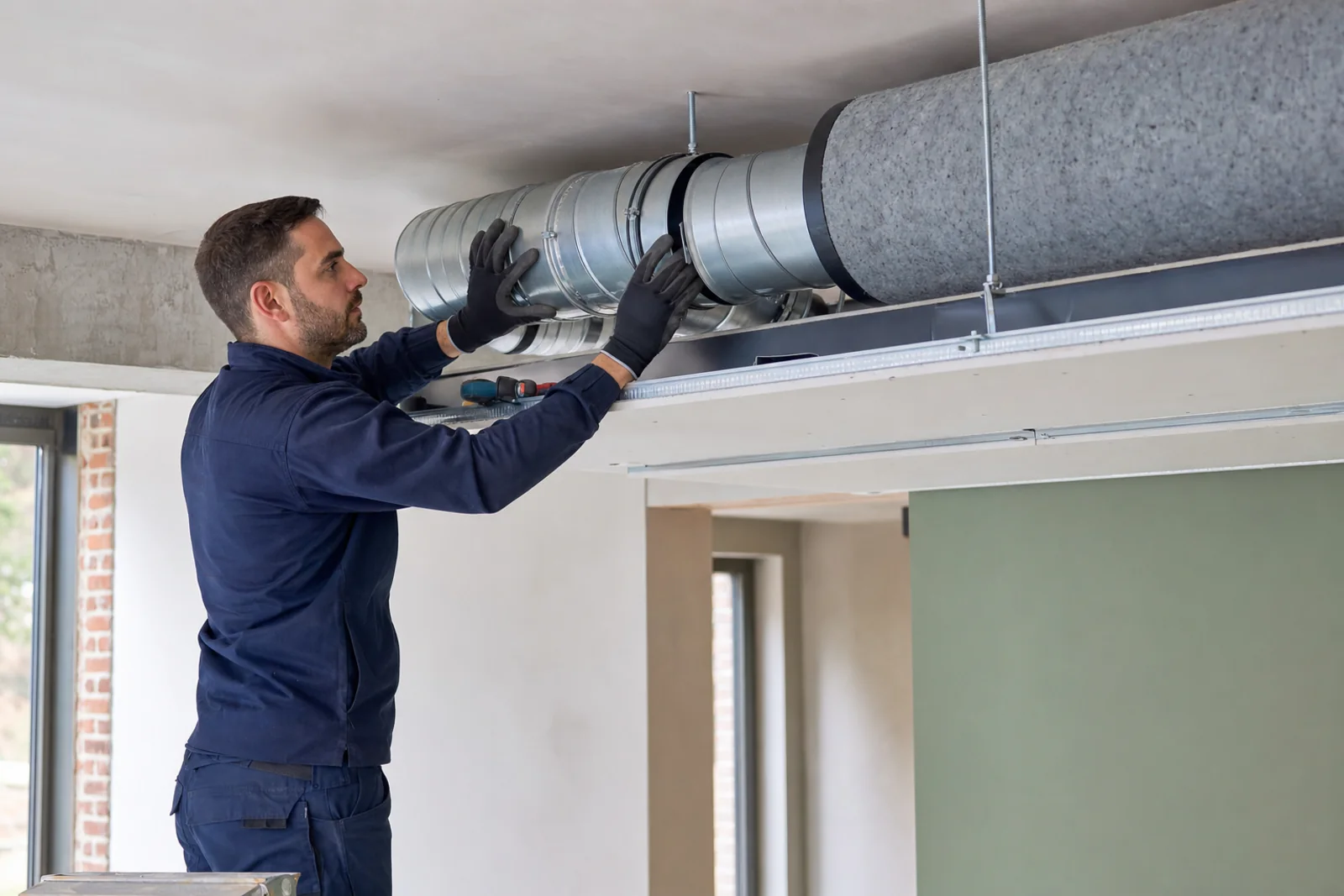 Installateur monteert ventilatiekanalen in een gerenoveerde woning